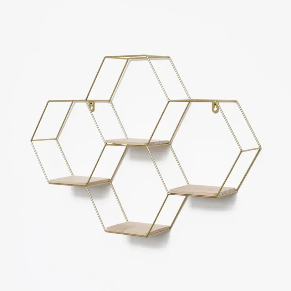 Vierdubbel zeshoekig metalen wandrek met 4 houten plankjes - 40,5x58 cm - Goud