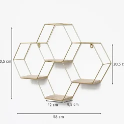 Vierdubbel zeshoekig metalen wandrek met 4 houten plankjes - 40,5x58 cm - Goud