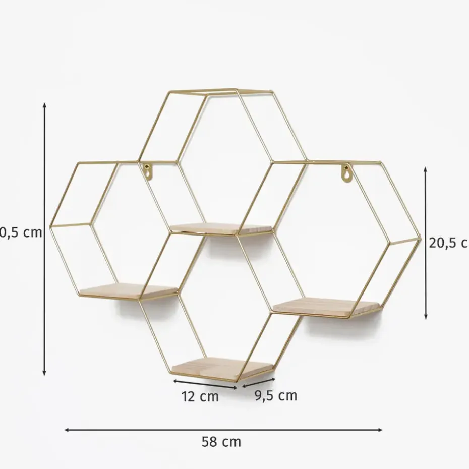 Vierdubbel zeshoekig metalen wandrek met 4 houten plankjes - 40,5x58 cm - Goud