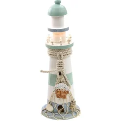 Vuurtoren beeldje - Hout - 10 x 30 cm - wit/mintgroen