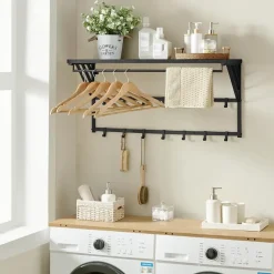 Wandkapstok - Kapstok - 14 Haken - Metaal en Hout - Zwart