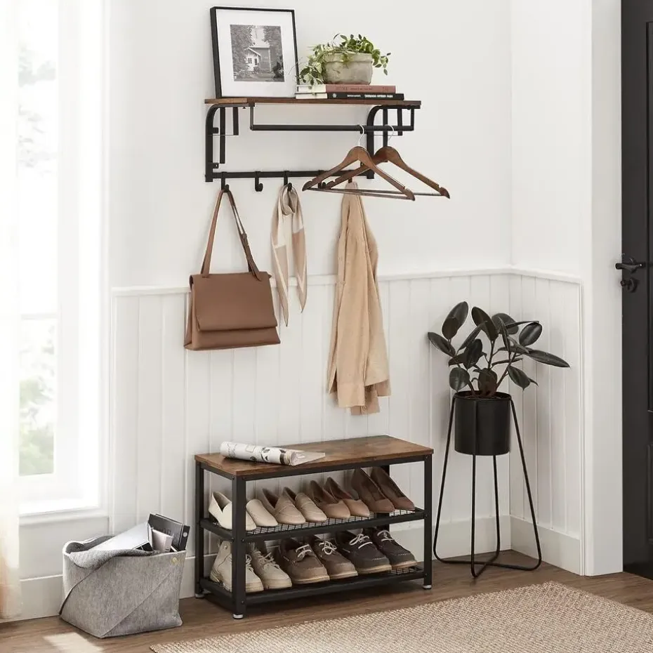 Wandkapstok - vintage - 5 haken - 66x27x30 cm - vintage bruin