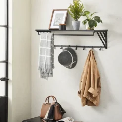 Wandkapstok met Plank en 7 Haken, Metaal en Hout, Zwart