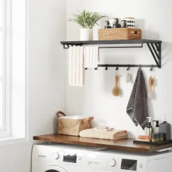 Wandkapstok met Plank en 7 Haken, Metaal en Hout, Zwart