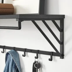 Wandkapstok met Plank en 7 Haken, Metaal en Hout, Zwart