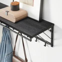 Wandkapstok met Plank en 7 Haken, Metaal en Hout, Zwart