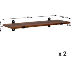 Wandplank, set van 2, 60 x 20 x 7 cm, zwevende plank, bruin-zwart