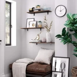 Wandplank, set van 2, 60 x 20 x 7 cm, zwevende plank, bruin-zwart