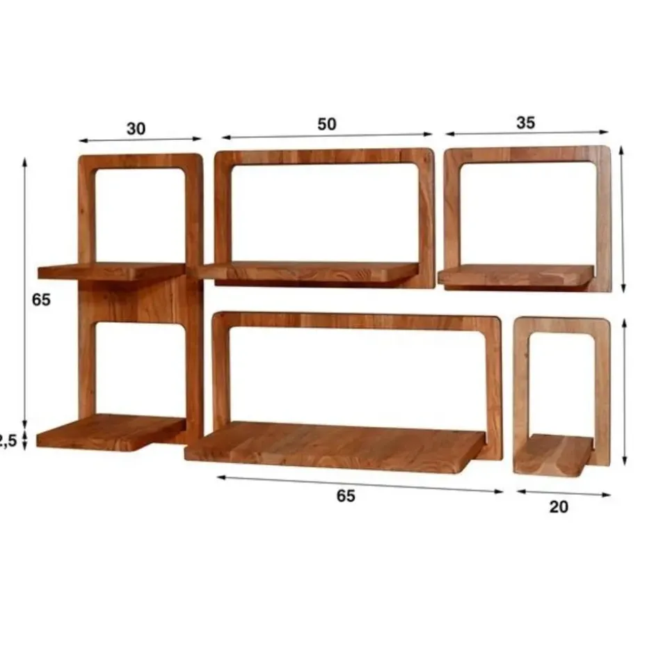 Wandschap Acaciahout - Set van 5 - 30x23x65cm - Curvy