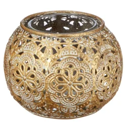 Waxinelichthouder - goudkleurig - metaal met glas - 7 cm