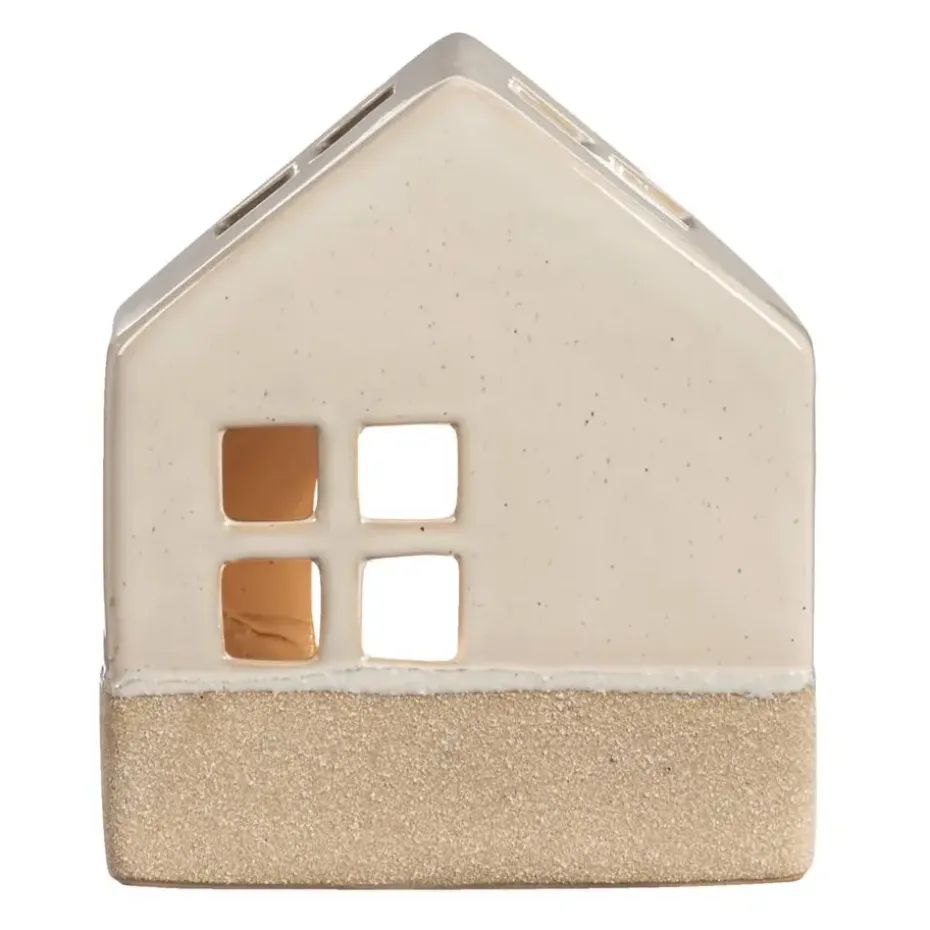 Waxinelichthouder Huis - beige - 14x12x7 cm
