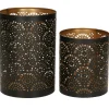 Windlicht - motief - 2x - zwart/goud - 10/15 cm - theelichthouder