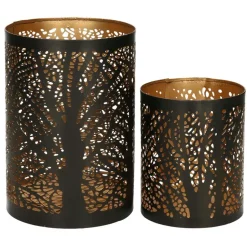 Windlicht set - 2x - zwart/goud - 10/15 cm - waxinelichthouder