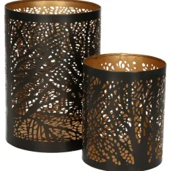 Windlicht set - 2x - zwart/goud - 10/15 cm - waxinelichthouder
