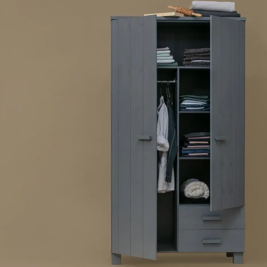 WOOOD Dennis Kast Met Laden - Grenen - Staal Grijs - 202x111x55