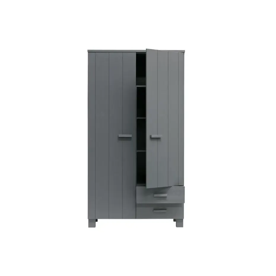 WOOOD Dennis Kast Met Laden - Grenen - Staal Grijs - 202x111x55