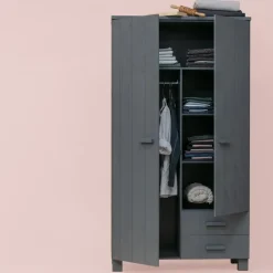 WOOOD Dennis Kast Met Laden - Grenen - Staal Grijs - 202x111x55