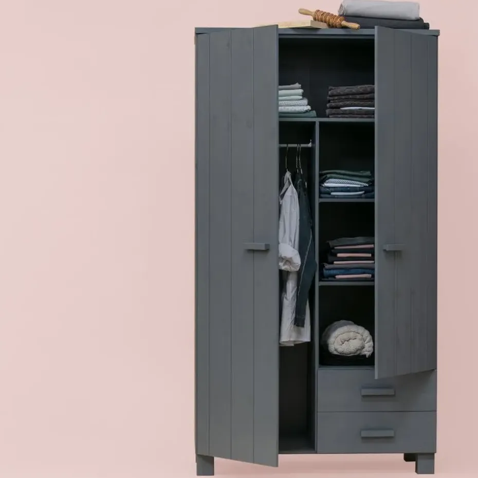 WOOOD Dennis Kast Met Laden - Grenen - Staal Grijs - 202x111x55