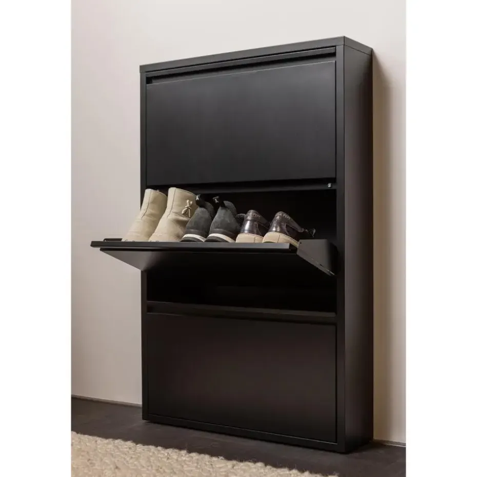 WOOOD Sabine 3-Vaks Schoenenkast - Metaal - Zwart - 103x66x16