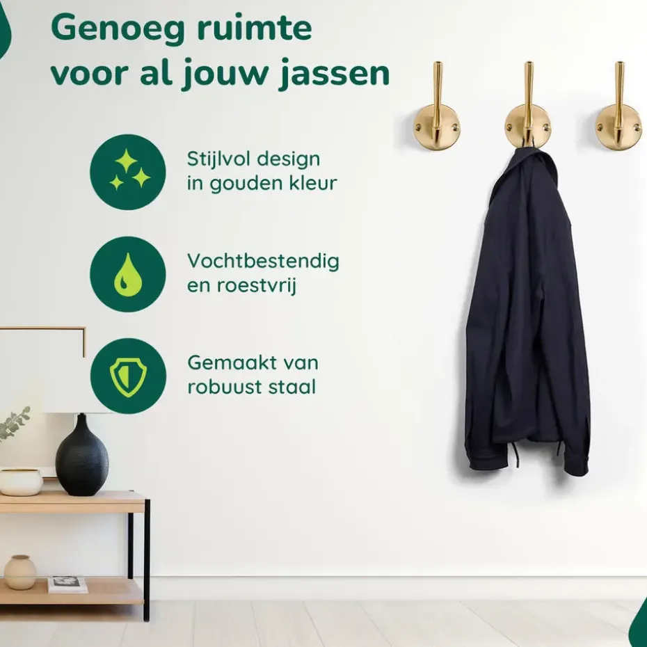 XIVADA Kapstokhaak Zena - Inclusief schroefset - Goud - Set van 3