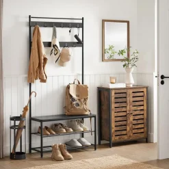XL Garderoberek met Schoenenbank, Kapstok en Schoenenrek, 11 Haken, Zwart
