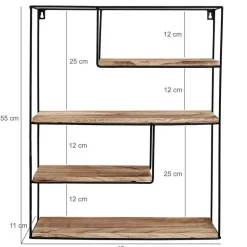 Zwart metalen wandrek met 4 houten plankjes - Rechthoek - 55x45x11 cm