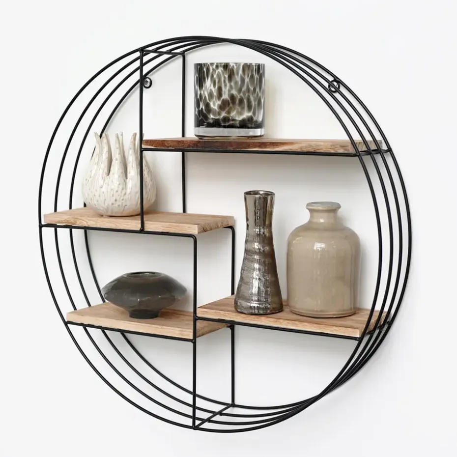 Zwart metalen wandrek met 4 houten plankjes - Rond - 50x11 cm