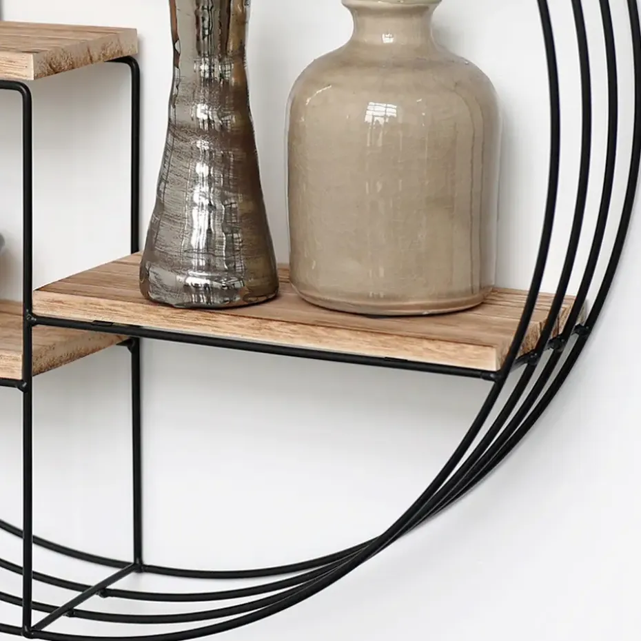 Zwart metalen wandrek met 4 houten plankjes - Rond - 50x11 cm