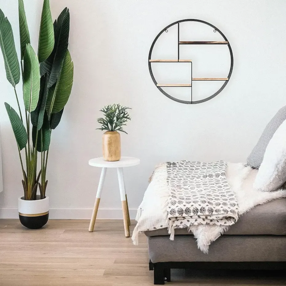 Zwart metalen wandrek met 4 houten plankjes - Rond - 50x11 cm