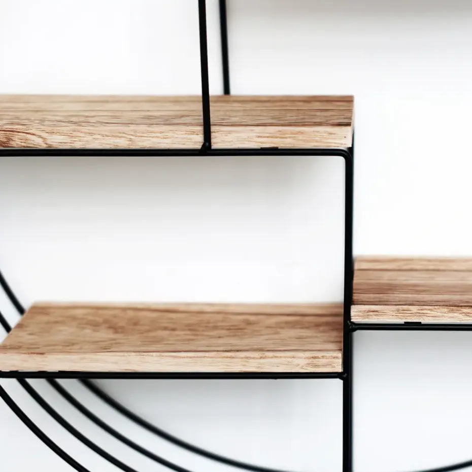 Zwart metalen wandrek met 4 houten plankjes - Rond - 50x11 cm