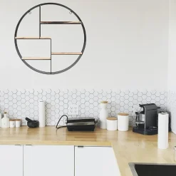 Zwart metalen wandrek met 4 houten plankjes - Rond - 50x11 cm