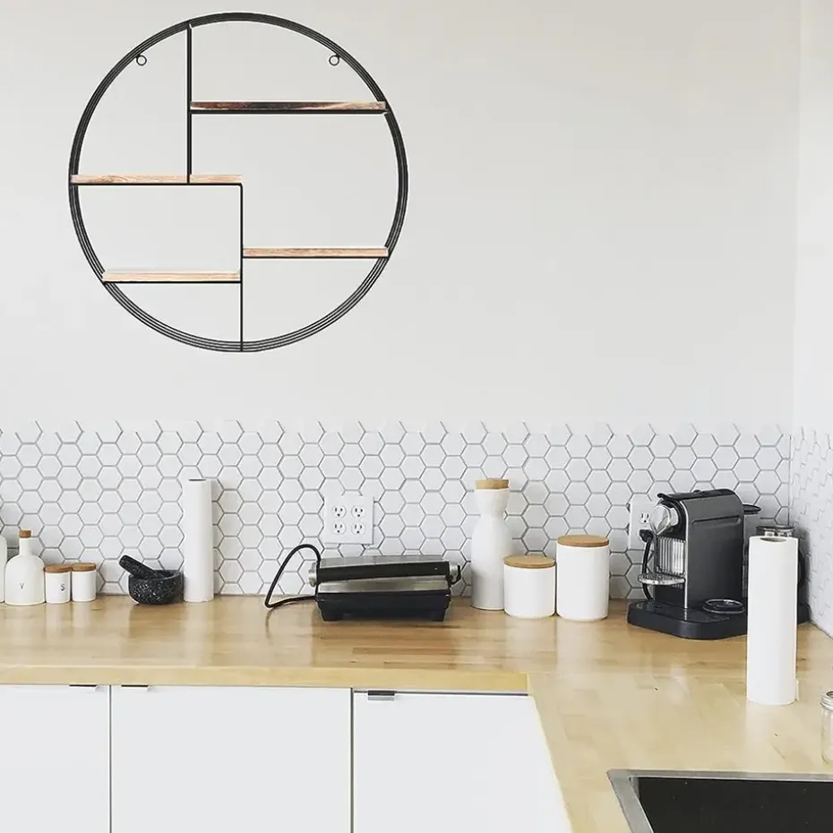 Zwart metalen wandrek met 4 houten plankjes - Rond - 50x11 cm