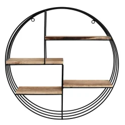 Zwart metalen wandrek met 4 houten plankjes - Rond - 50x11 cm