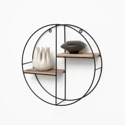 Zwart metalen wandrek met 2 houten plankjes - Rond - 37x10 cm