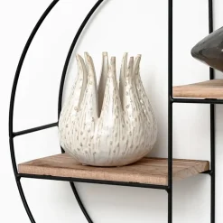 Zwart metalen wandrek met 2 houten plankjes - Rond - 37x10 cm