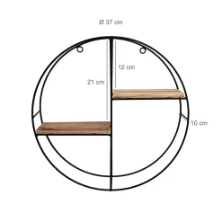 Zwart metalen wandrek met 2 houten plankjes - Rond - 37x10 cm