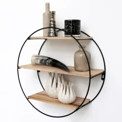 Zwart metalen wandrek met 3 houten plankjes - Rond - 50x19 cm