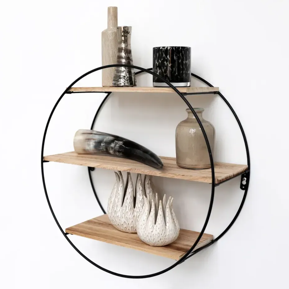 Zwart metalen wandrek met 3 houten plankjes - Rond - 50x19 cm