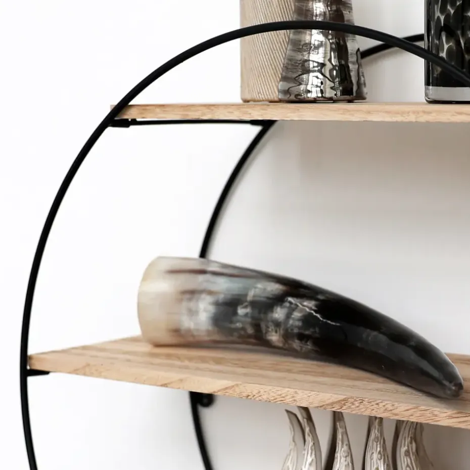 Zwart metalen wandrek met 3 houten plankjes - Rond - 50x19 cm