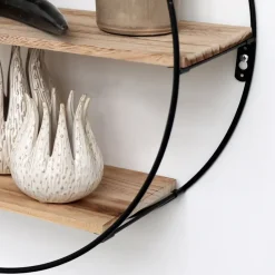 Zwart metalen wandrek met 3 houten plankjes - Rond - 50x19 cm