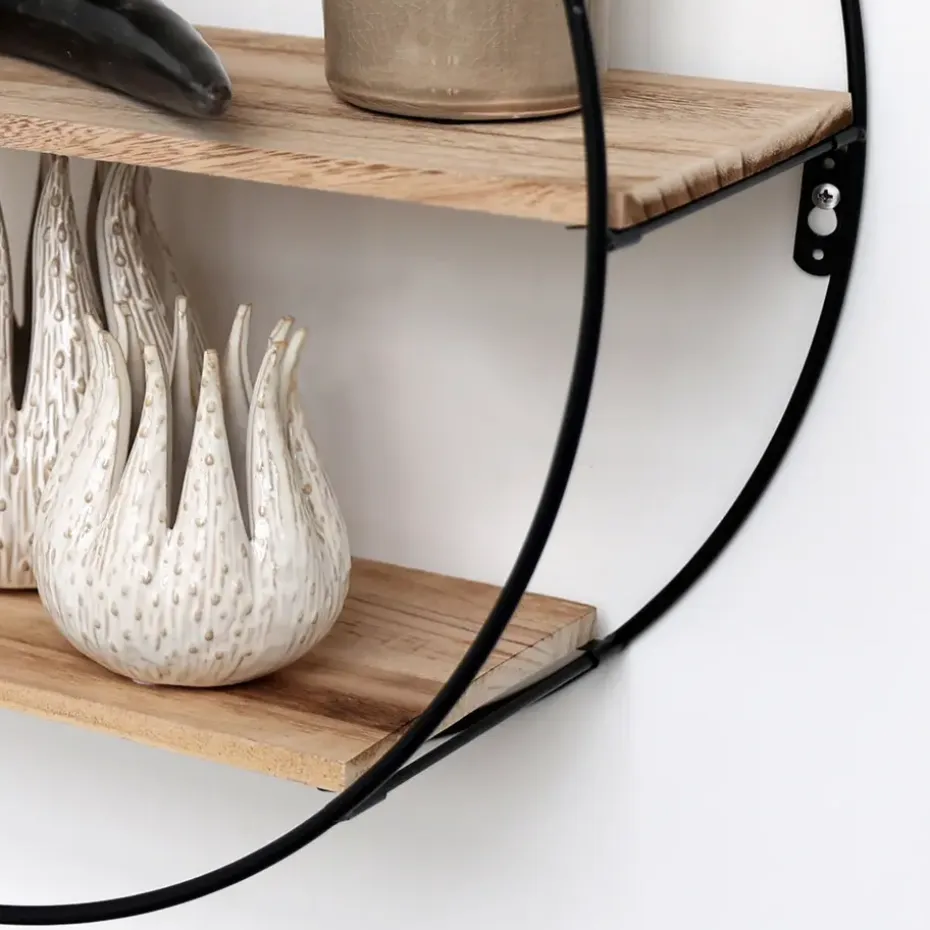 Zwart metalen wandrek met 3 houten plankjes - Rond - 50x19 cm