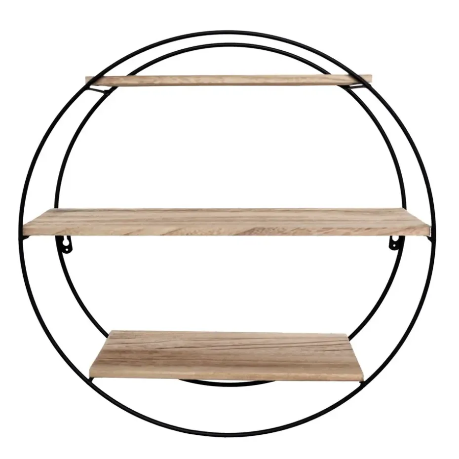 Zwart metalen wandrek met 3 houten plankjes - Rond - 50x19 cm