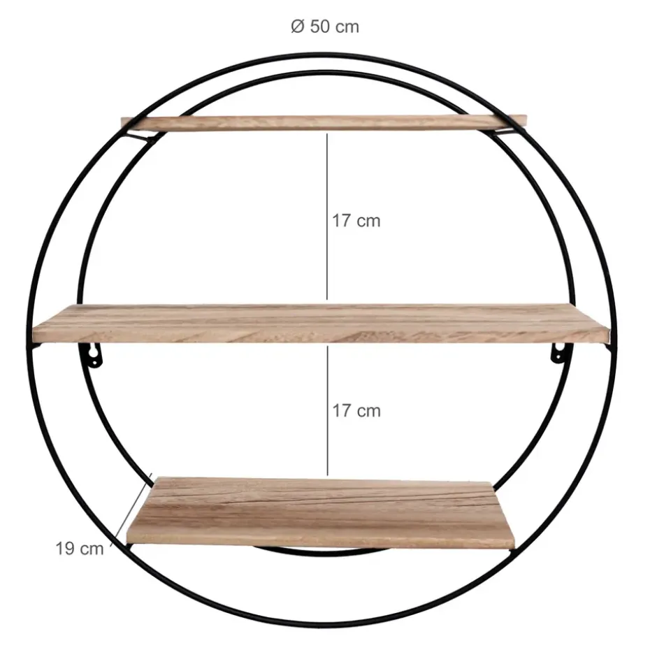 Zwart metalen wandrek met 3 houten plankjes - Rond - 50x19 cm