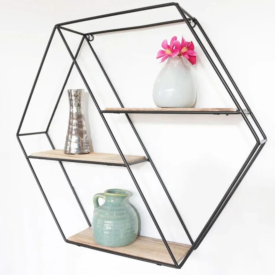 Zwart metalen wandrek met 3 houten plankjes - Zeshoek diagonaal