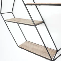 Zwart metalen wandrek met 3 houten plankjes - Zeshoek diagonaal
