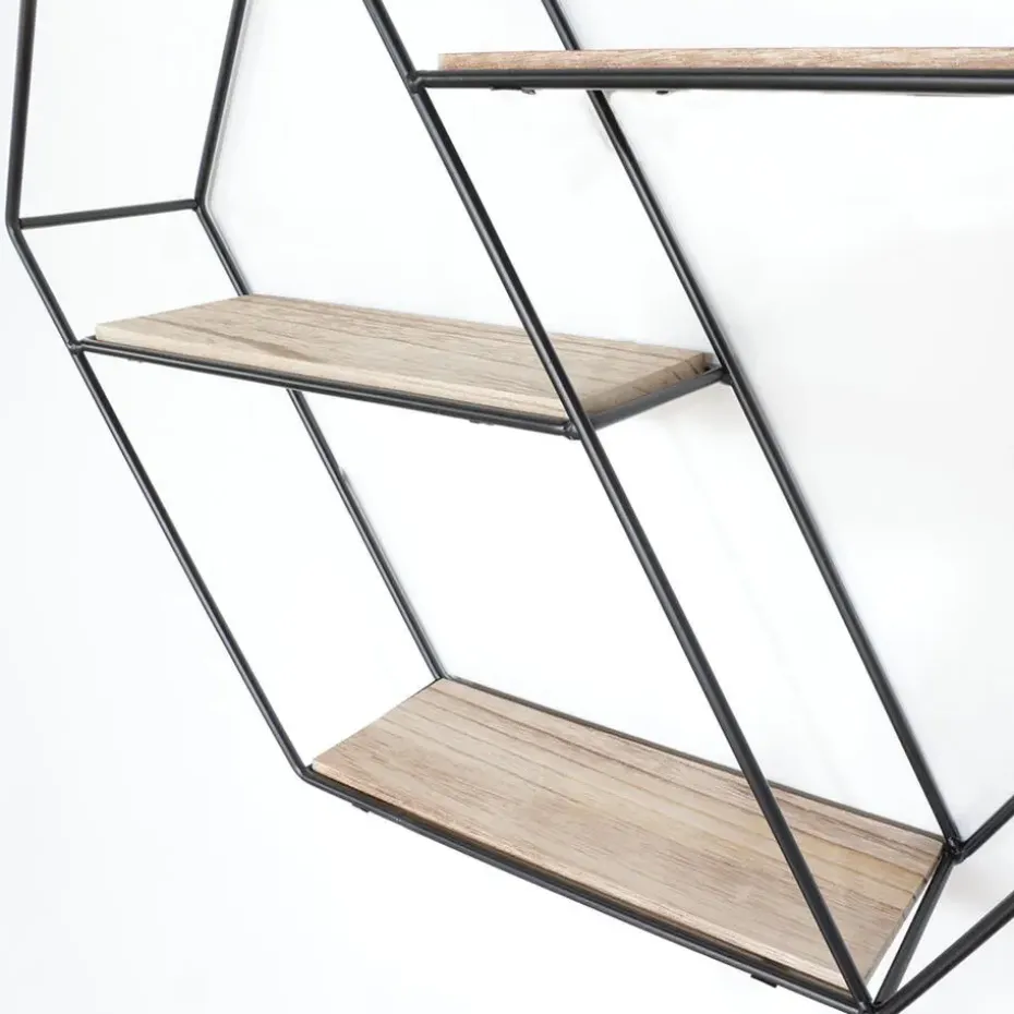 Zwart metalen wandrek met 3 houten plankjes - Zeshoek diagonaal