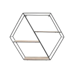 Zwart metalen wandrek met 3 houten plankjes - Zeshoek diagonaal