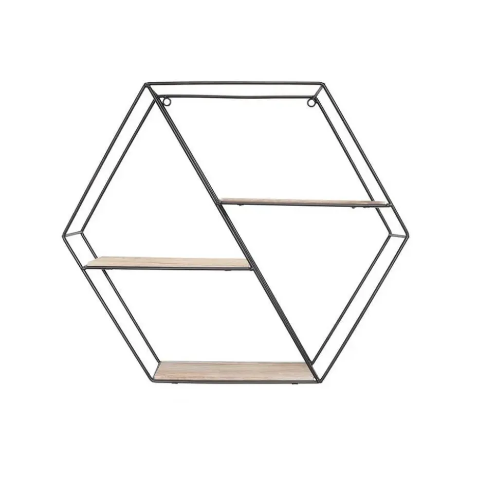 Zwart metalen wandrek met 3 houten plankjes - Zeshoek diagonaal