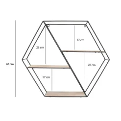 Zwart metalen wandrek met 3 houten plankjes - Zeshoek diagonaal