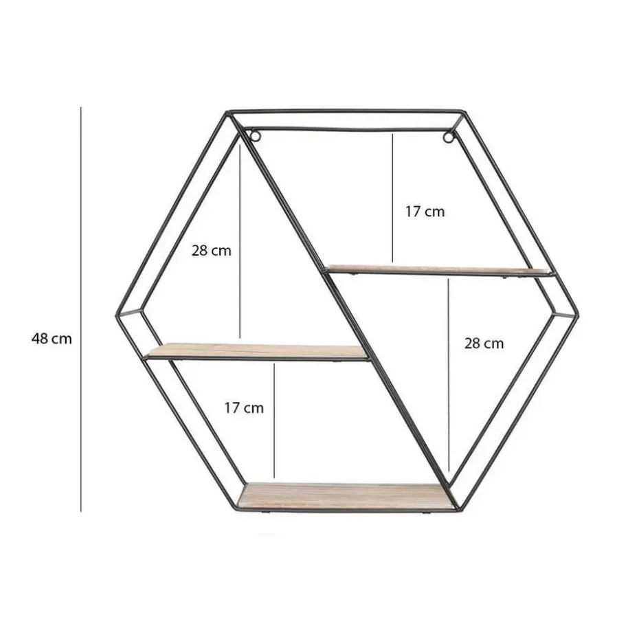 Zwart metalen wandrek met 3 houten plankjes - Zeshoek diagonaal
